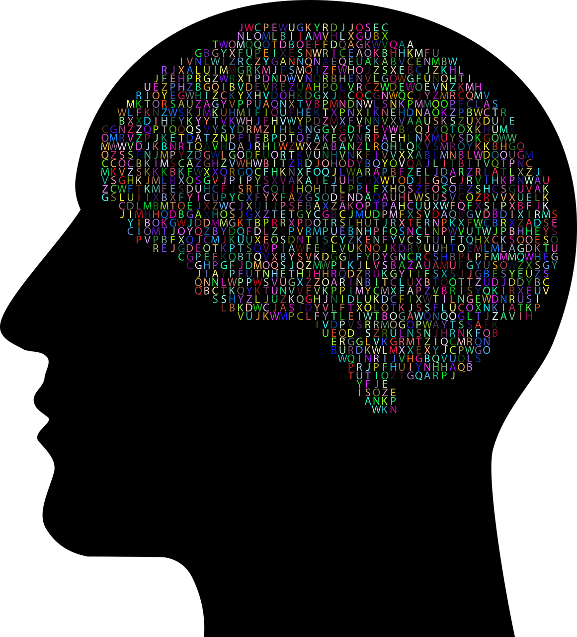 Black silhouette of a face with multi-colored words where the brain is